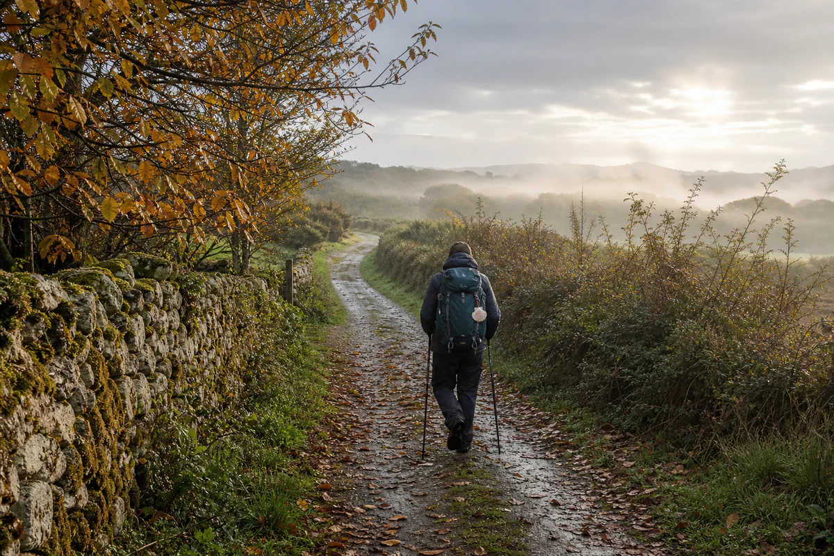 A lone pilgrim walks along a quiet autumn Camino de Santiago path after rain, with golden leaves, mist, and soft morning ligh