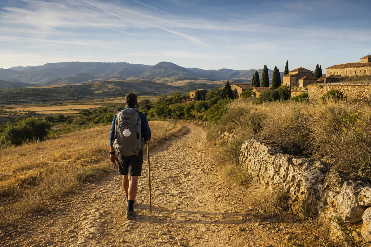 Un pèlerin marche sur un chemin rural espagnol vers des collines lointaines, évoquant la partie espagnole du chemin de Saint-
