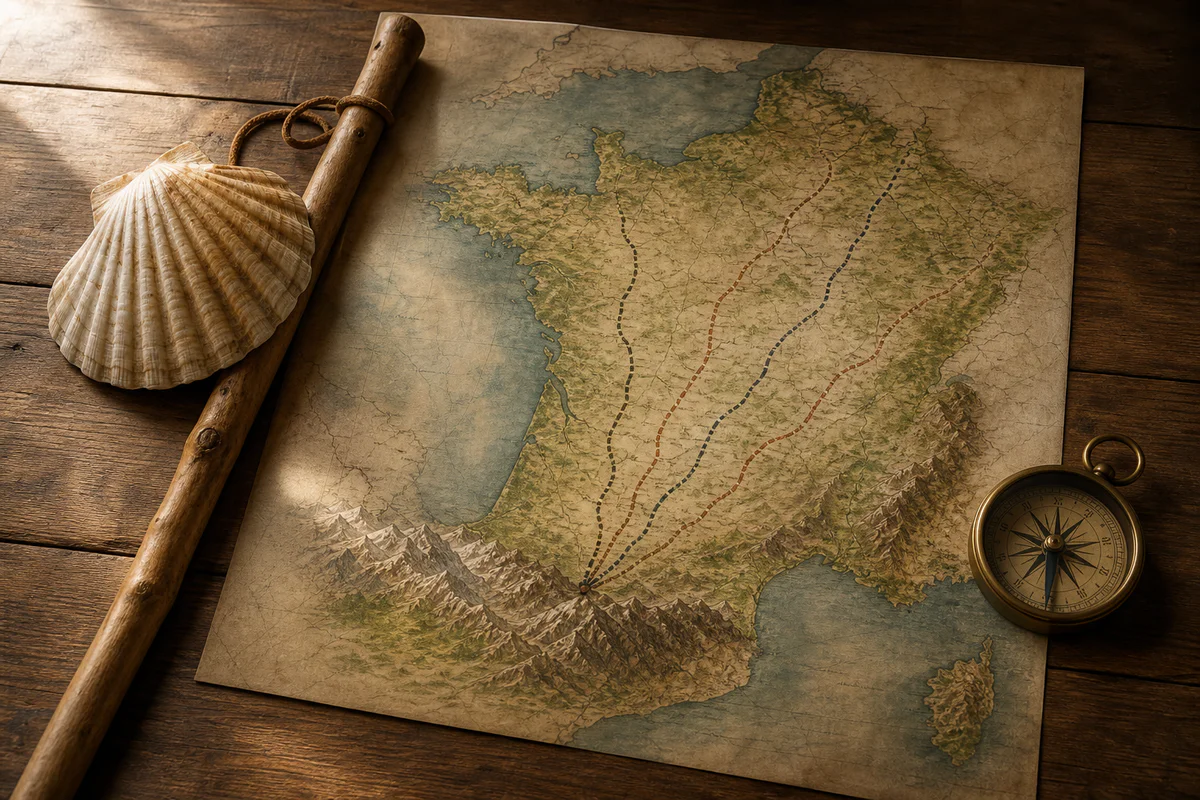 Carte de France avec plusieurs itinéraires de pèlerinage symboliques, une coquille Saint-Jacques, un bâton de marche et une b