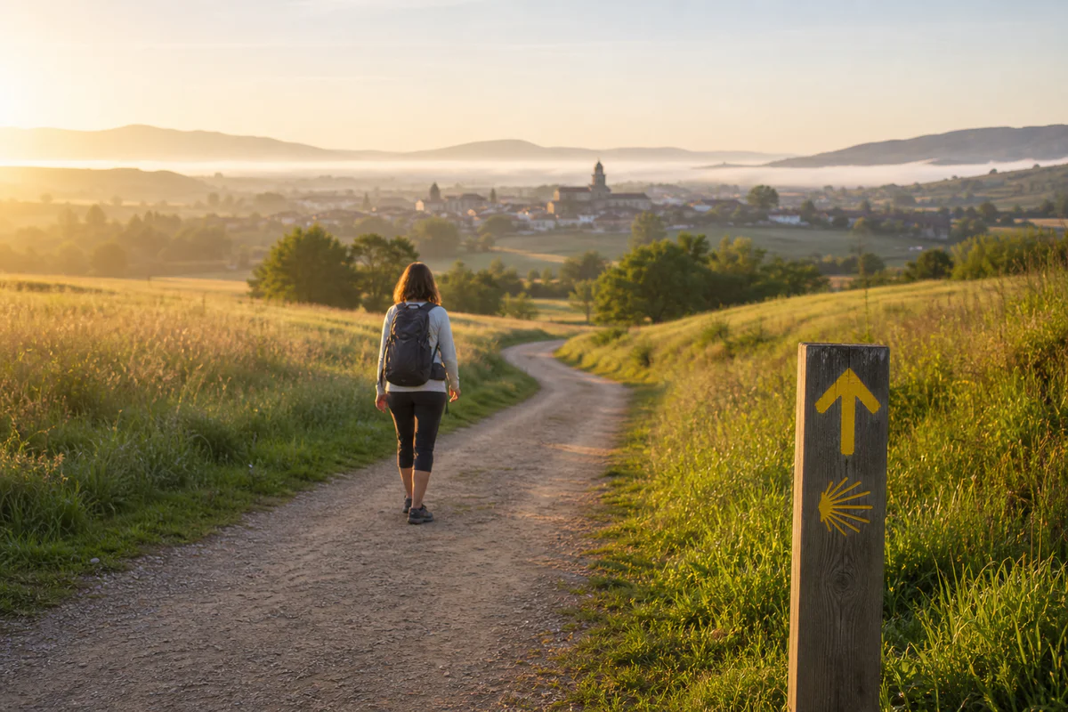 A beginner pilgrim walking on a gentle, well-marked Camino de Santiago path through green countryside at sunrise.