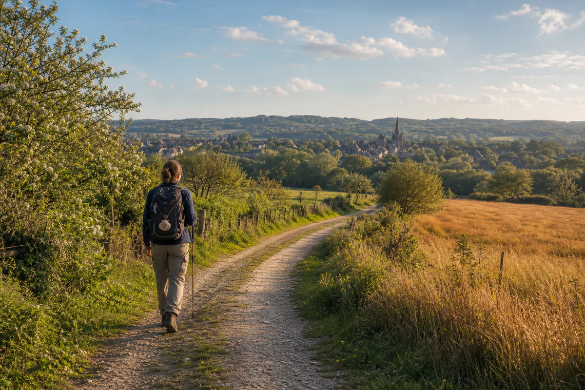 Un pèlerin marche sur un chemin de campagne calme évoquant le chemin de Compostelle, entre lumière de printemps et couleurs d