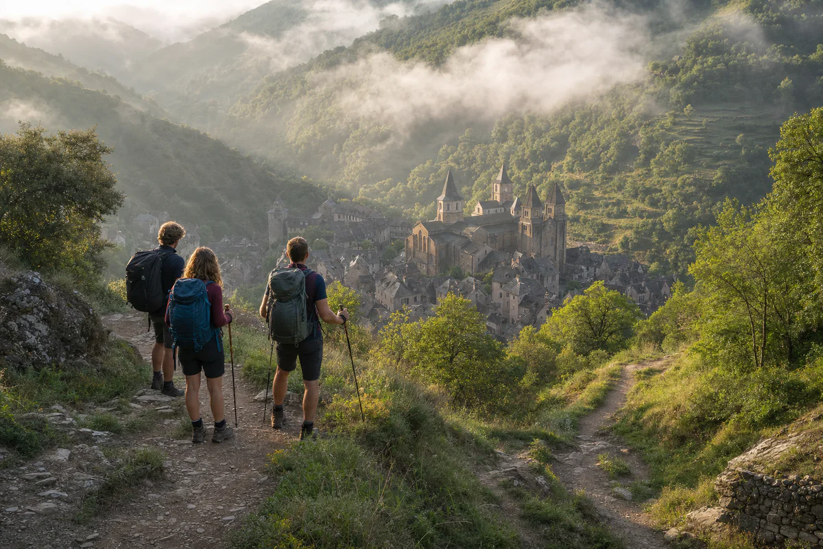Hikers overlooking the medieval village of Conques from a steep green valley trail.